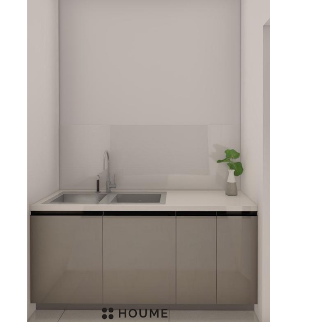 Modern kitchen with white shaker cabinets, black granite countertops, and gold cabinet pulls and knobs. Text overlay: Houme India - Kitchen Design Ideas. C