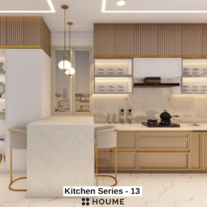 Scandinavian kitchen design featuring a light wood breakfast bar island with stools, white quartz countertops, and pendant lamps. Text overlay: Houme India - Kitchen Design Ideas.