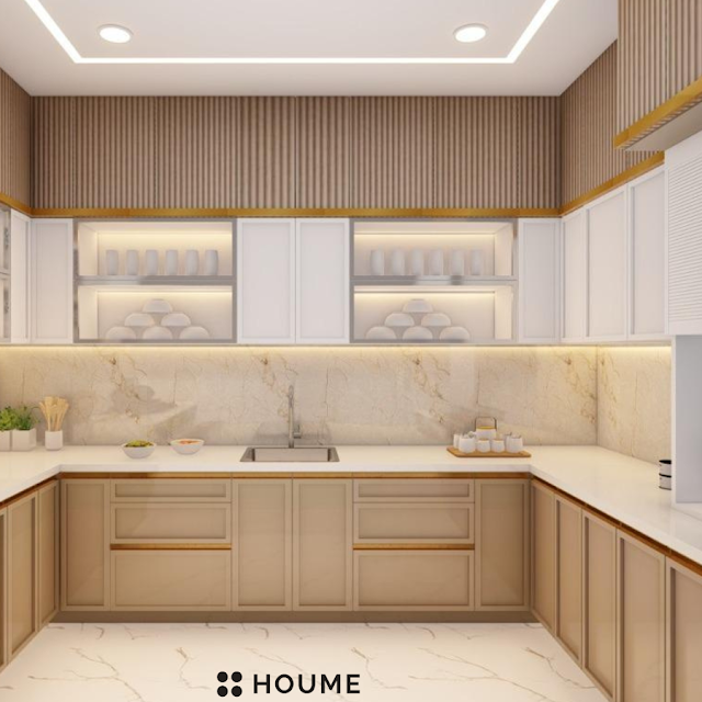Scandinavian kitchen design featuring a light wood breakfast bar island with stools, white quartz countertops, and pendant lamps. Text overlay: Houme India - Kitchen Design Ideas. B