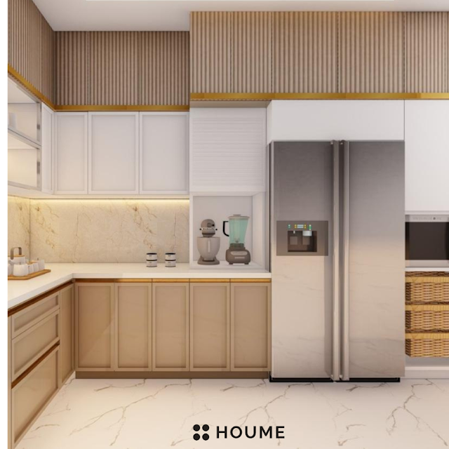 Scandinavian kitchen design featuring a light wood breakfast bar island with stools, white quartz countertops, and pendant lamps. Text overlay: Houme India - Kitchen Design Ideas. C