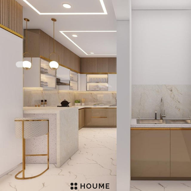 Scandinavian kitchen design featuring a light wood breakfast bar island with stools, white quartz countertops, and pendant lamps. Text overlay: Houme India - Kitchen Design Ideas. D