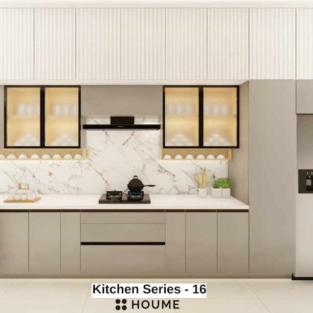 Modern kitchen with open wood shelves, butcher block breakfast bar with stools, stainless steel sink, and a window with a black frame overlooking a green backyard. Text overlay: Houme India - Kitchen Design Ideas.