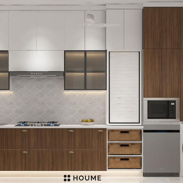 Traditional Indian kitchen with patterned tile flooring, wooden cabinets in a warm brown tone, and a vintage ceiling fan with woven blades. Text overlay: Houme India - Kitchen Design Ideas. B