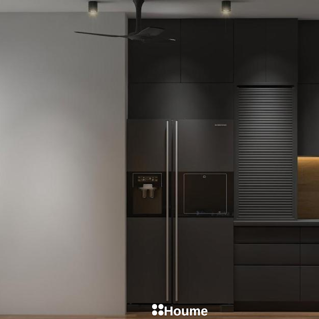 Modern kitchen with white cabinets, stainless steel appliances, and a walk-in pantry with open shelving. Text overlay: Houme India - Kitchen Design Ideas B