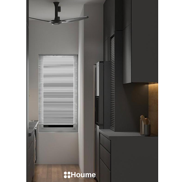 Modern kitchen with white cabinets, stainless steel appliances, and a walk-in pantry with open shelving. Text overlay: Houme India - Kitchen Design Ideas C