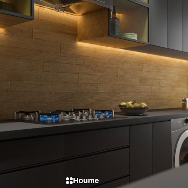 Modern kitchen with white cabinets, stainless steel appliances, and a walk-in pantry with open shelving. Text overlay: Houme India - Kitchen Design Ideas D