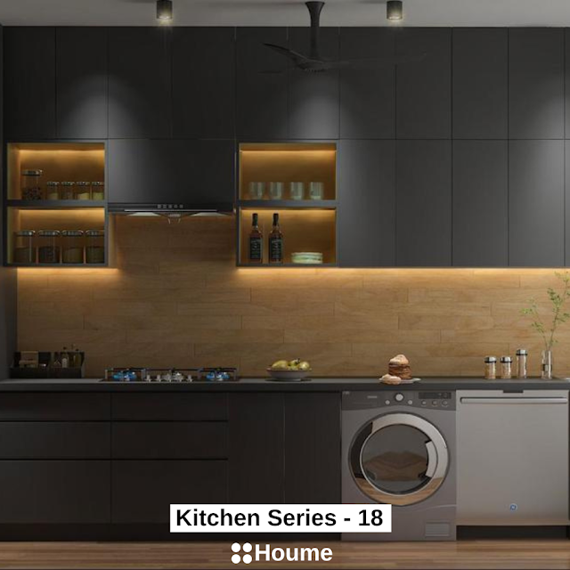 Modern kitchen with white cabinets, stainless steel appliances, and a walk-in pantry with open shelving. Text overlay: Houme India - Kitchen Design Ideas
