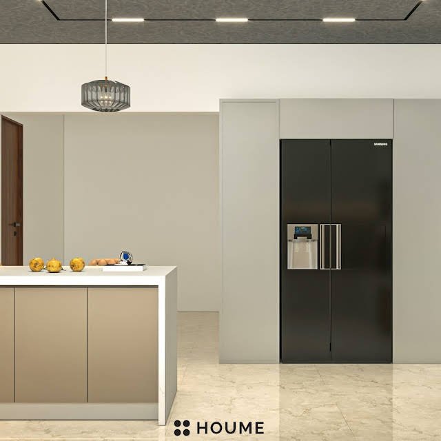 Modern kitchen with open wood shelves, stainless steel appliances, and white quartz countertops. Text overlay: Houme India - Kitchen Design Ideas. C