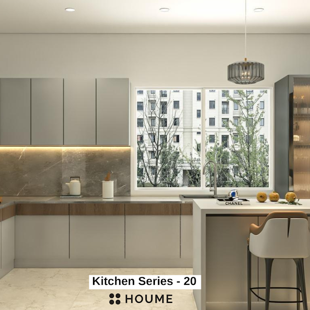 Modern kitchen with open wood shelves, stainless steel appliances, and white quartz countertops. Text overlay: Houme India - Kitchen Design Ideas.