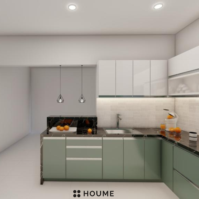 Modern kitchen with black quartz countertops, white cabinets, and a geometric backsplash in gold and gray. Text overlay: Houme India - Kitchen Design Ideas.B