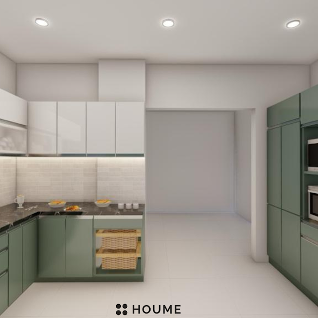 Modern kitchen with black quartz countertops, white cabinets, and a geometric backsplash in gold and gray. Text overlay: Houme India - Kitchen Design Ideas.C