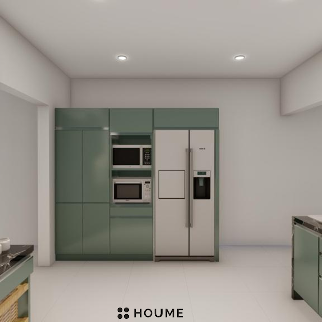 Modern kitchen with black quartz countertops, white cabinets, and a geometric backsplash in gold and gray. Text overlay: Houme India - Kitchen Design Ideas.D