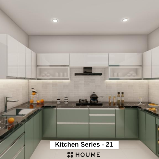 Modern kitchen with black quartz countertops, white cabinets, and a geometric backsplash in gold and gray. Text overlay: Houme India - Kitchen Design Ideas.