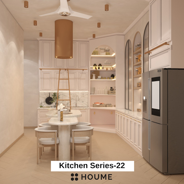 Modern kitchen with stainless steel refrigerator, light wood cabinets, and a sleek faucet. Text overlay: Houme India - Kitchen Design Ideas.