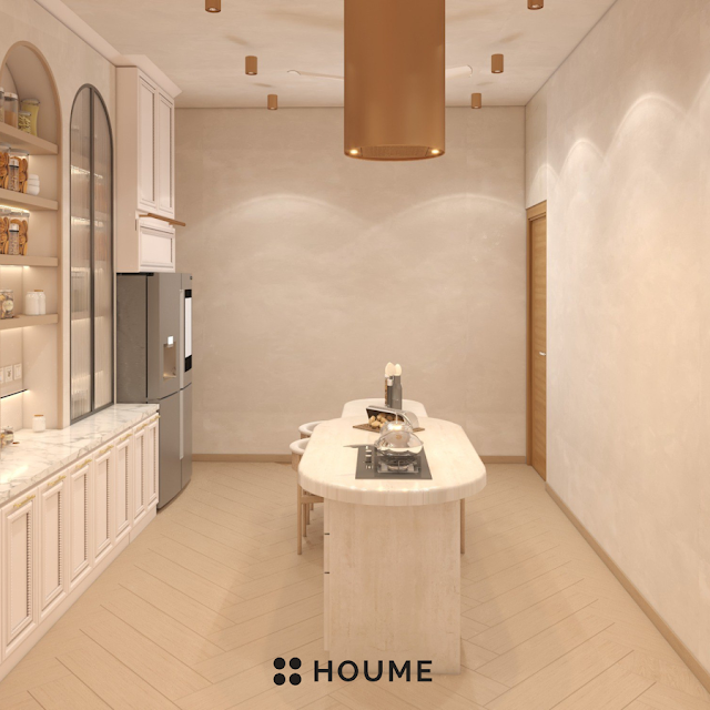 Modern kitchen with stainless steel refrigerator, light wood cabinets, and a sleek faucet. Text overlay: Houme India - Kitchen Design Ideas. B