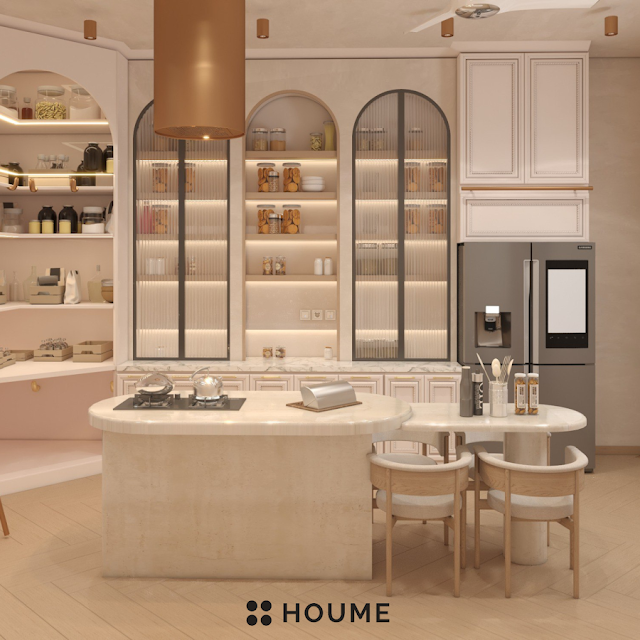 Modern kitchen with stainless steel refrigerator, light wood cabinets, and a sleek faucet. Text overlay: Houme India - Kitchen Design Ideas. C