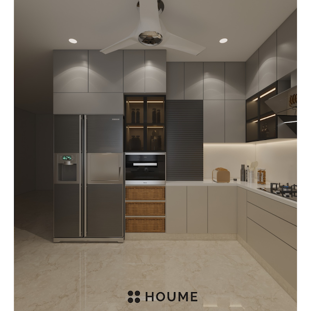 3D rendering of a clean and organized kitchen with a ceiling fan, window, and light wood cabinets. Text overlay: Houme India - Kitchen Design Ideas. B