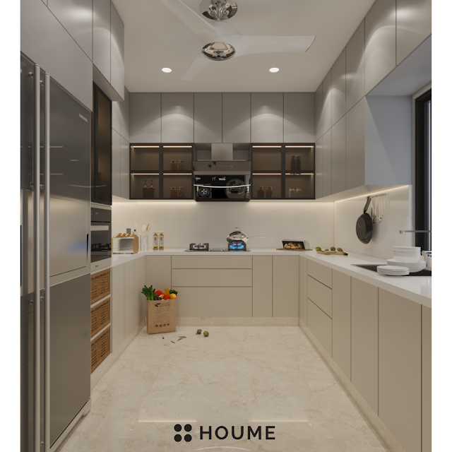 3D rendering of a clean and organized kitchen with a ceiling fan, window, and light wood cabinets. Text overlay: Houme India - Kitchen Design Ideas. C