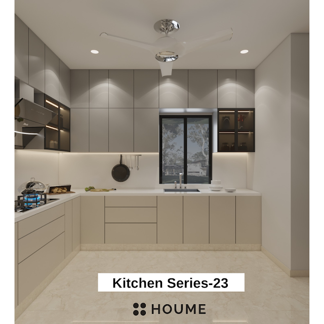 3D rendering of a clean and organized kitchen with a ceiling fan, window, and light wood cabinets. Text overlay: Houme India - Kitchen Design Ideas.