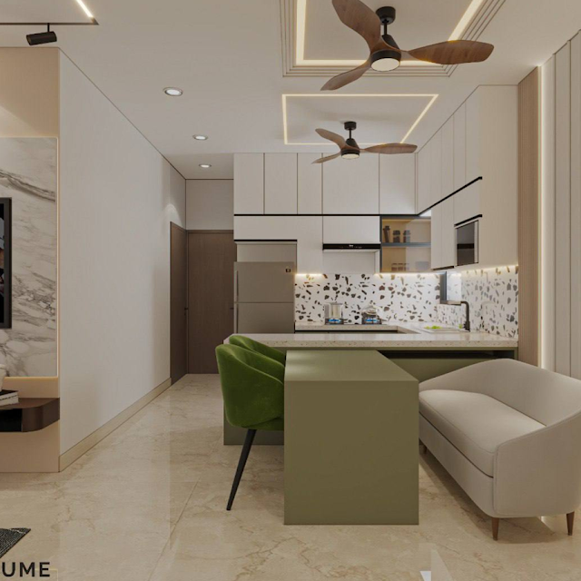 Minimalist kitchen with white cabinets, butcher block countertops, and a black metal pendant lamp. Text overlay: Houme India - Kitchen Design Ideas. B