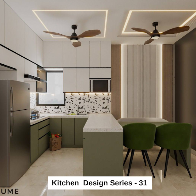 Minimalist kitchen with white cabinets, butcher block countertops, and a black metal pendant lamp. Text overlay: Houme India - Kitchen Design Ideas.