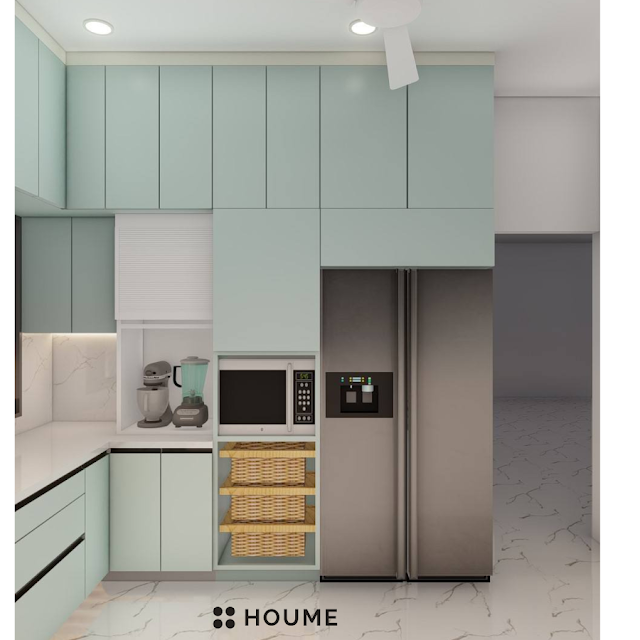 Modern kitchen featuring white cabinets with gold hardware, a black quartz countertop, and a stainless steel sink with a faucet. Text overlay: Houme India - Kitchen Design Ideas. B