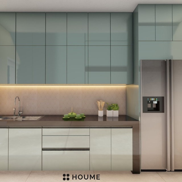 Modern kitchen with white shaker cabinets, black quartz countertops, a geometric tile backsplash in black and white, and a gold faucet. Text overlay: Houme India - Kitchen Design Ideas.C
