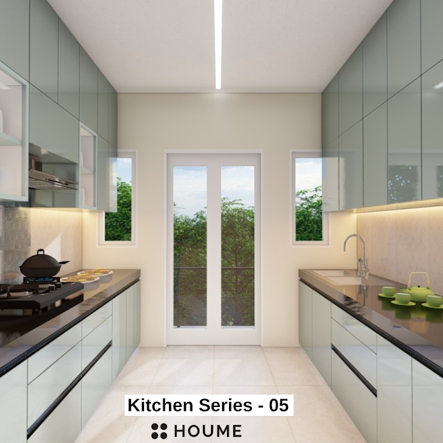 Modern kitchen with white shaker cabinets, black quartz countertops, a geometric tile backsplash in black and white, and a gold faucet. Text overlay: Houme India - Kitchen Design Ideas.