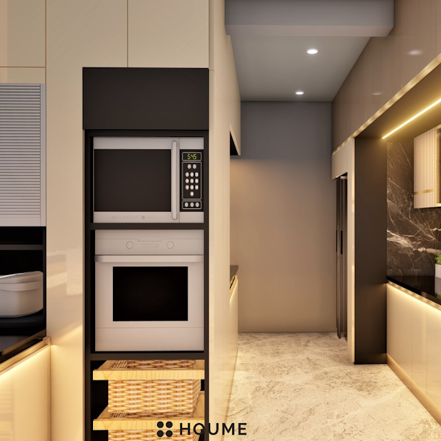 Modern kitchen with open wood shelves, warm stained butcher block breakfast bar with black metal legs and stools, stainless steel sink, and a window with a black frame overlooking a green backyard. Text overlay: Houme India - Kitchen Design Ideas.C