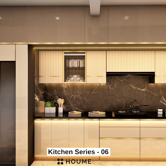 Modern kitchen with open wood shelves, warm stained butcher block breakfast bar with black metal legs and stools, stainless steel sink, and a window with a black frame overlooking a green backyard. Text overlay: Houme India - Kitchen Design Ideas.