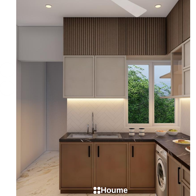 Modern kitchen with white quartz countertops, a black herringbone patterned backsplash, a black sink with a gooseneck faucet, and white cabinets with chrome hardware. Text overlay: Houme India - Kitchen Design Ideas. B