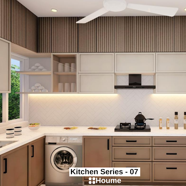 Modern kitchen with white quartz countertops, a black herringbone patterned backsplash, a black sink with a gooseneck faucet, and white cabinets with chrome hardware. Text overlay: Houme India - Kitchen Design Ideas.