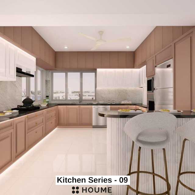 Kitchen with vaulted ceiling featuring exposed wooden beams and a large arched window with a black metal frame. The kitchen has white cabinets, a farmhouse sink with a vintage faucet, and a black pendant lamp. Text overlay: Houme India - Kitchen Design Ideas.