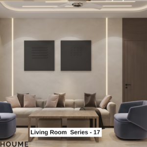 Living room featuring a large leaning mirror with a brushed gold metal frame, a round jute rug in a light natural color, and a white boucle armchair with a curved wooden frame. Text overlay: Houme India - Interior Design Ideas.