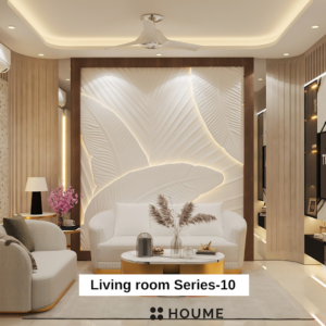 Living room with a large leaning mirror with a black metal frame, a round jute rug, and a white boucle armchair with a wooden frame. Text overlay: Houme India - Interior Design Ideas.