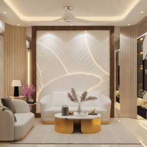 Living room with a large leaning mirror with a black metal frame, a round jute rug, and a white boucle armchair with a wooden frame. Text overlay: Houme India - Interior Design Ideas. B