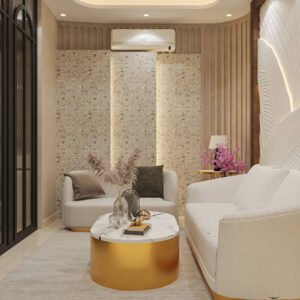 Living room with a large leaning mirror with a black metal frame, a round jute rug, and a white boucle armchair with a wooden frame. Text overlay: Houme India - Interior Design Ideas. C