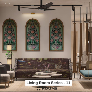 Living room with a large leaning mirror with a black metal frame, a round jute rug, and a white boucle armchair with a wooden frame. Text overlay: Houme India - Interior Design Ideas.