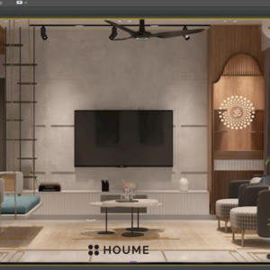 Living room with a large leaning mirror with a black metal frame, a round jute rug, and a white boucle armchair with a wooden frame. Text overlay: Houme India - Interior Design Ideas. D