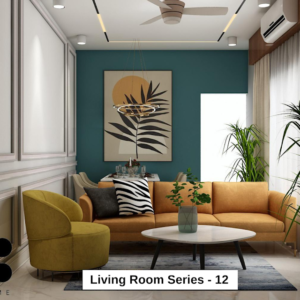 Living room with a mid-century modern olive green fabric couch, round wood coffee table with splayed legs, and a cream colored rug. Text overlay: Houme India - Interior Design Ideas.
