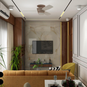 Living room with a mid-century modern olive green fabric couch, round wood coffee table with splayed legs, and a cream colored rug. Text overlay: Houme India - Interior Design Ideas. B