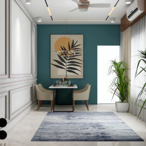 Living room with a mid-century modern olive green fabric couch, round wood coffee table with splayed legs, and a cream colored rug. Text overlay: Houme India - Interior Design Ideas. E