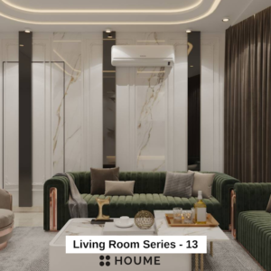 Living room with a green velvet sofa, a round brass coffee table with a marble top, and a woven jute rug. Text overlay: Houme India - Interior Design Ideas.