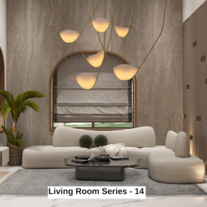 Living room with a modern gray couch, round wood coffee table with black metal legs, and a woven jute rug. Text overlay: Houme India - Interior Design Ideas.