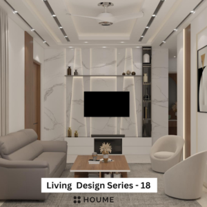 Mid-century modern living room featuring an olive green fabric sofa with button tufting and tapered wooden legs. A round wood coffee table with splayed legs sits on a cream colored area rug. Text overlay: Houme India - Interior Design Ideas.