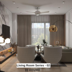 Modern living room with a large flat screen TV mounted on a white wall above a wooden media console. A light gray fabric sofa sits on a woven jute rug in the center of the space. Text overlay: Houme India - Interior Design Ideas.
