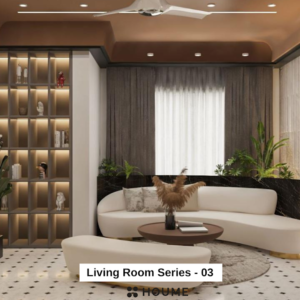 Living room featuring a large leaning mirror with a gold metal frame, a round jute rug in a light natural color, and a white boucle armchair with a wooden frame. Text overlay: Houme India - Interior Design Ideas.