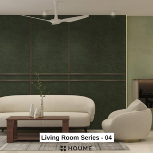Living room featuring a mid-century modern olive green fabric sofa with a tufted back and tapered wooden legs. A round wood coffee table with splayed legs sits on a cream colored area rug. Text overlay: Houme India - Interior Design Ideas.