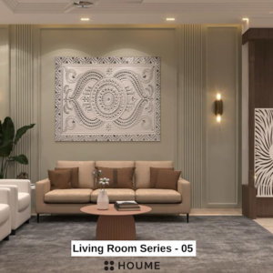Living room featuring a mid-century modern olive green fabric couch, round wood coffee table with splayed legs, and a cream colored area rug. Text overlay: Houme India - Interior Design Ideas.