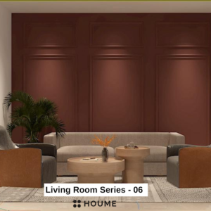 Living room with a modern gray couch, two brown accent chairs, and a round wooden coffee table with black metal legs. A woven jute rug sits underneath the furniture, and a large plant adds a touch of nature to the space. Text overlay: Houme India - Interior Design Ideas.